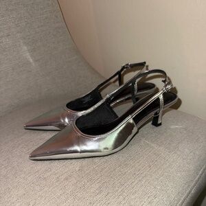 Silver Metallic Slingback Kitten Heels - Excellent Condition